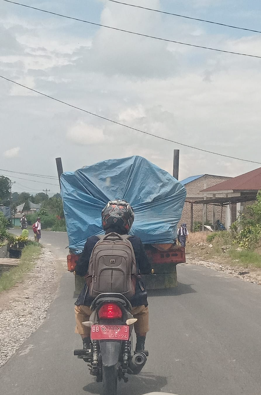 Truk pengangkut kayu alam melintasi jalan kabupaten menuju kilang samwill di Doloksanggul. ASPIRASI : M. Sihombing
