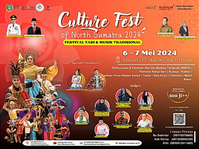 Dinas Kebudayaan, Pariwisata dan Ekonomi Kreatif (Disbudparekraf) Provinsi Sumatera Utara akan menyelenggarakan 'Culture Fest of North Sumatra 2024'.