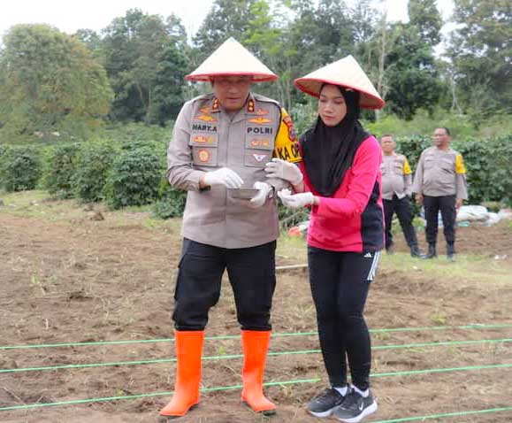 Kapolres Humbahas AKBP Hary Ardianto bersama Ketua Bhayangkari Cabang Humbahas melakukan penanaman jagung, di Desa Tapian Nauli, Selasa (21/1/2025).