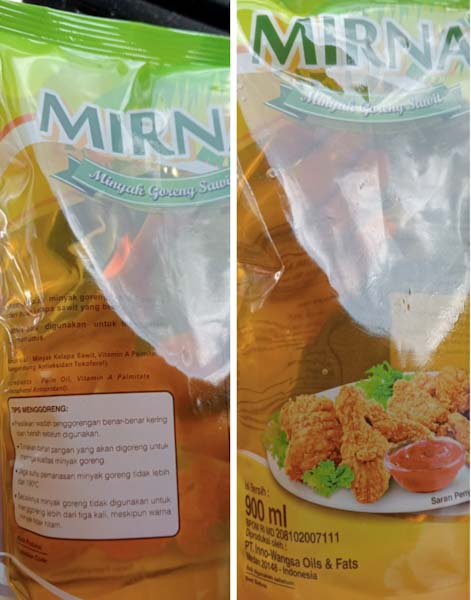 Minyak goreng sawit merk Mirna tidak terdapat kode produksi dan masa kadaluwarsa.