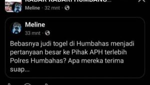 Postingan salah satu warganet @Meline di grup media sosial kabar kabari humbang hasundutan menyoroti kinerja aparat Polres Humbahas dalam pemberantasan judi togel di Kabupaten Humbahas.