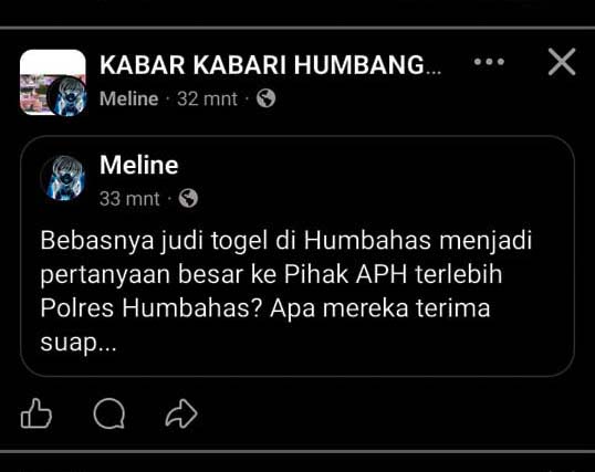 Postingan salah satu warganet @Meline di grup media sosial kabar kabari humbang hasundutan menyoroti kinerja aparat Polres Humbahas dalam pemberantasan judi togel di Kabupaten Humbahas.